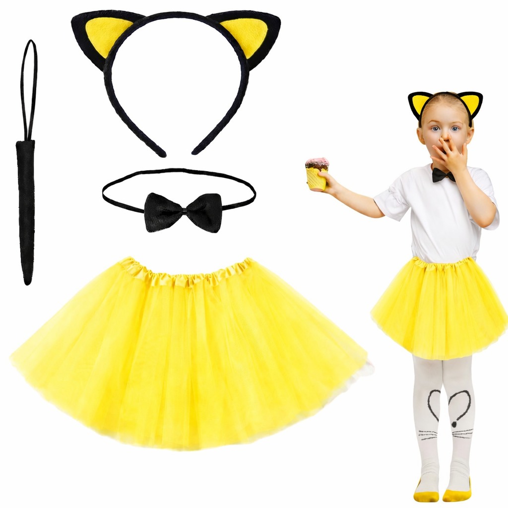 Sari Renk Etekli Kedi Kostum Seti (Tutu, Tac, Papyon, Kuyruk)