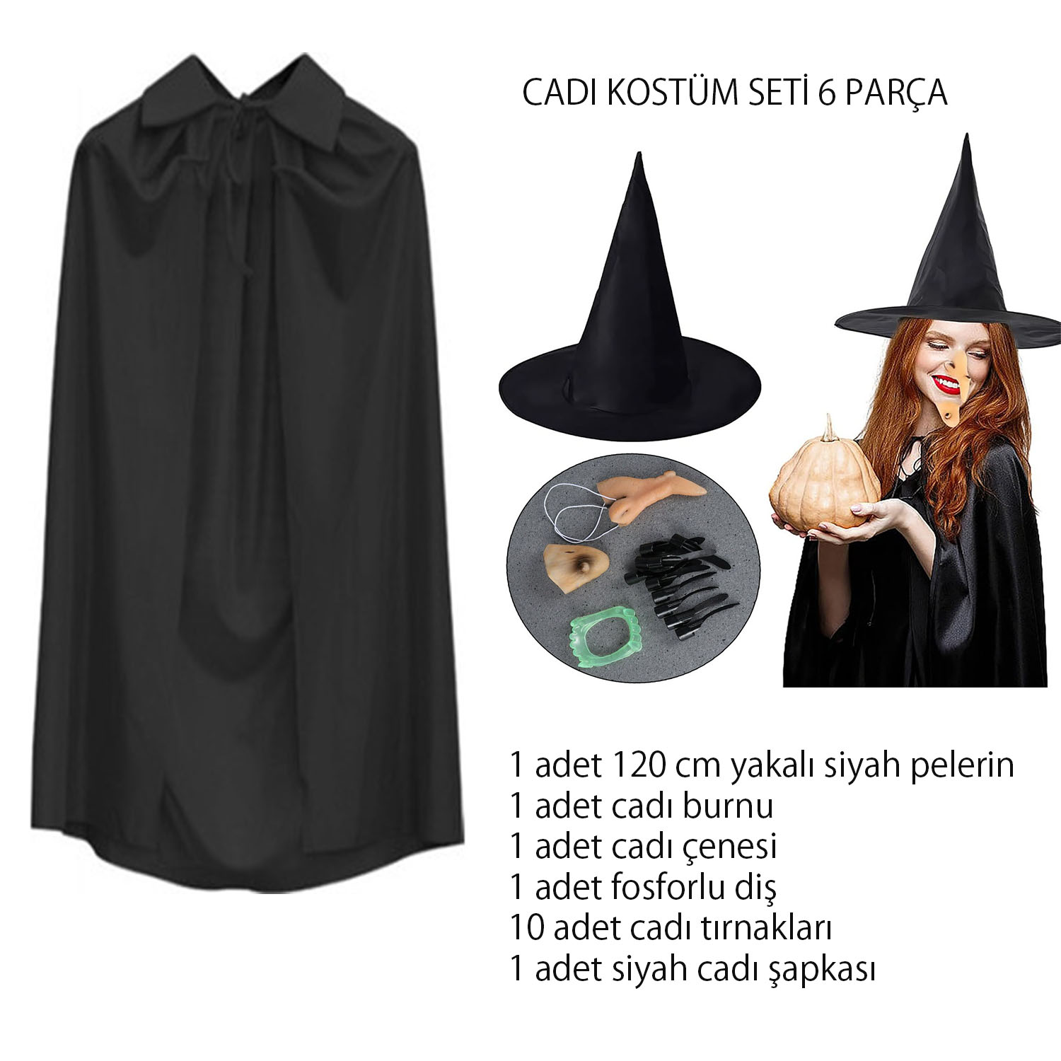 Cadi Kostum Seti 6 Parca - Sapka Pelerin Dis Tirnaklar Cene ve Burun
