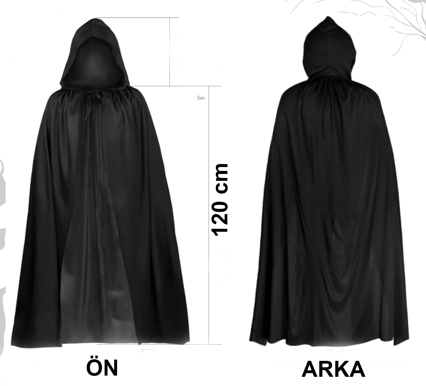 Siyah Uzun Pelerin 120 cm Kapusonlu – Cosplay ve Parti Kostumu