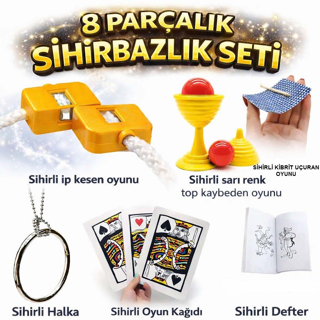 8’li Sihirbazlik Seti (Kibrit, Defter, Halka, Kupa, Ip, 3’lu Kart)