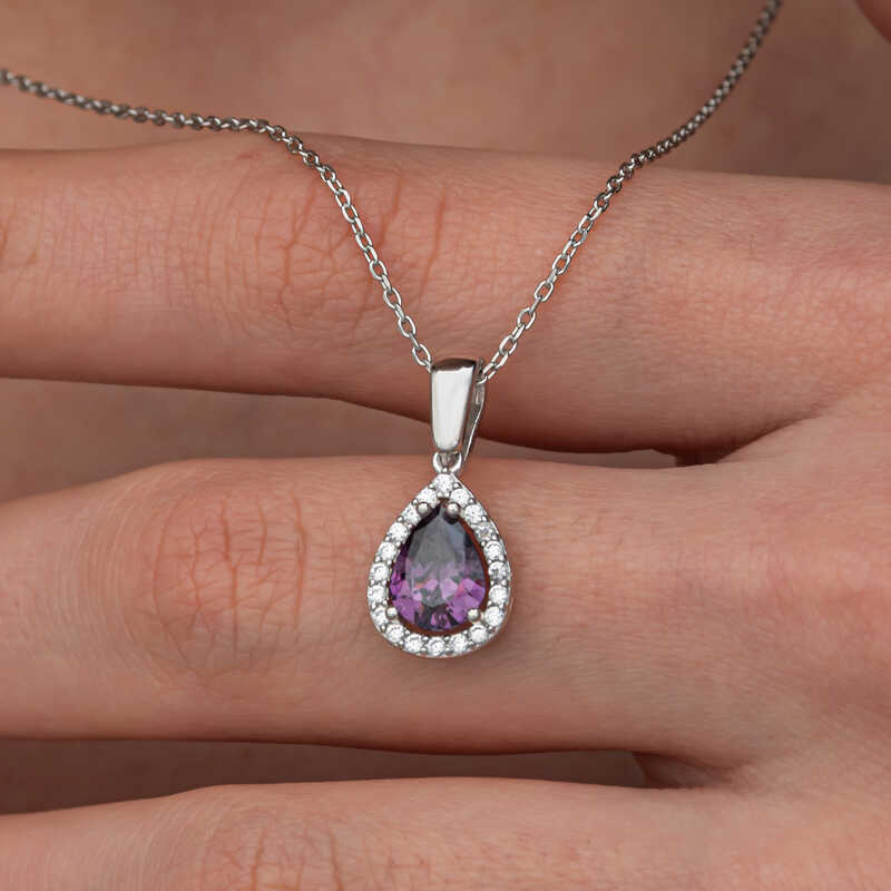 Gumus Damla Mor Tasli Kadin Kolye