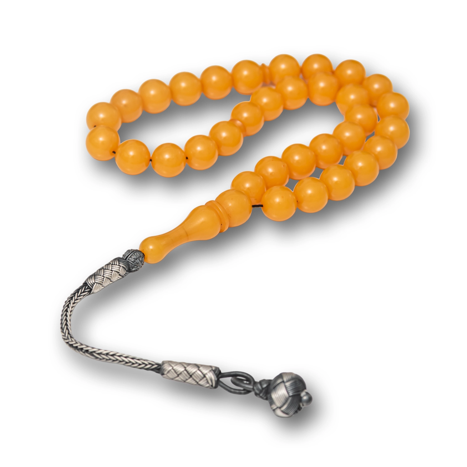 Gumus Top Kazaz Puskullu Sari Yuvarlak Sikma Kehribar Tesbih