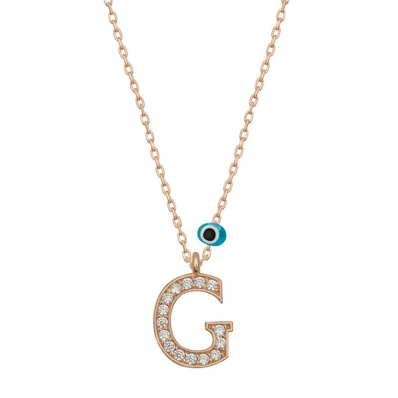 925 Ayar Gumus Nazar Rose G Harfi Kadin Gumus Kolye
