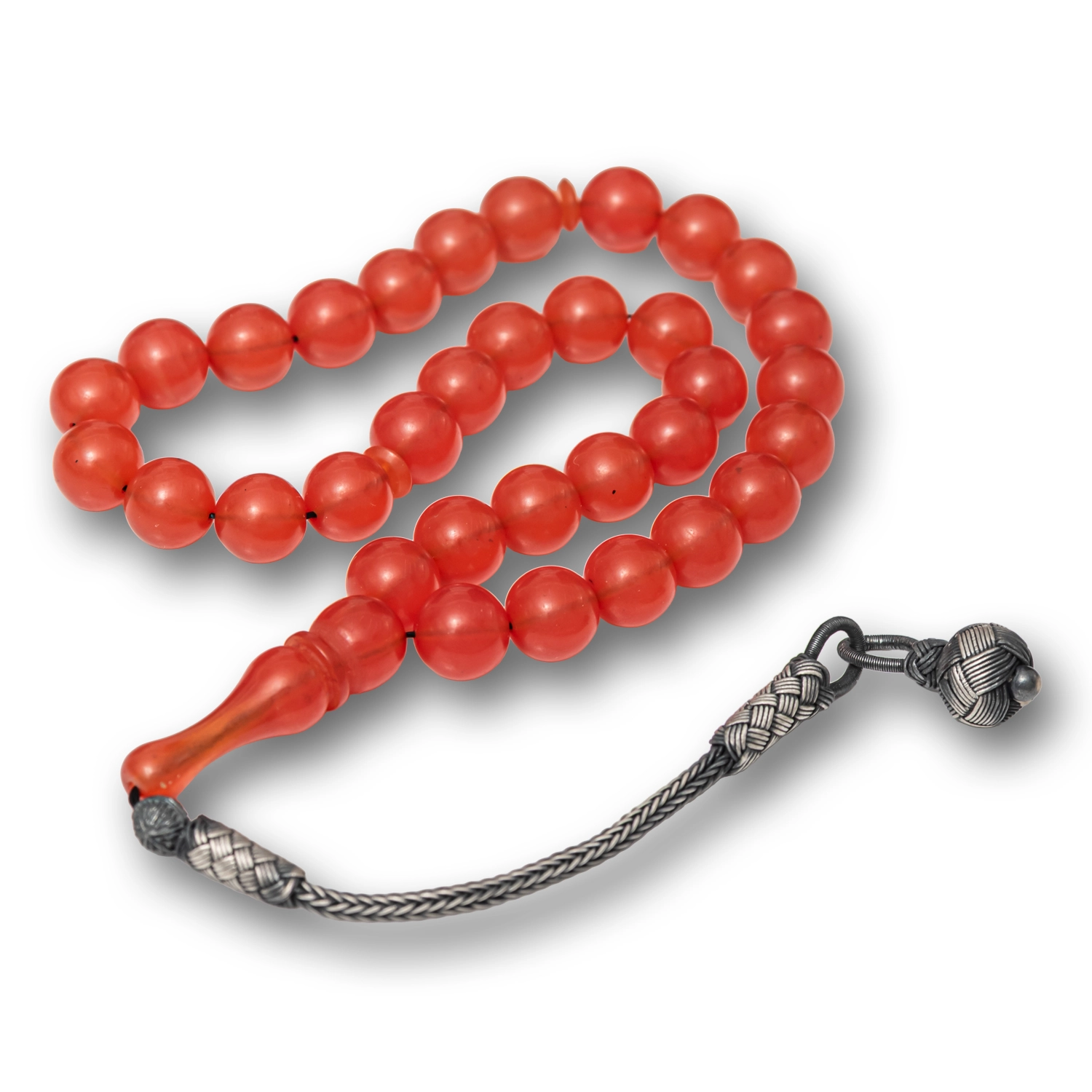 Gumus Top Kazaz Puskullu Yuvarlak Sikma Kehribar Tesbih