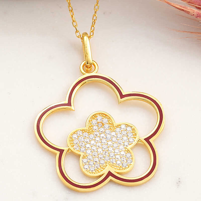 ​925 Ayar Gumus Gold Cicek Desenli Kadin Kolye