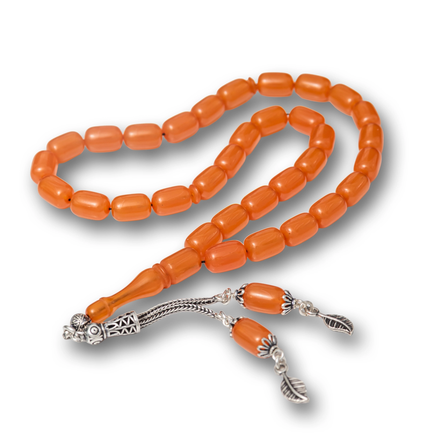 Gumus Puskullu Turuncu Kapsul Kesim Sikma Kehribar Tesbih