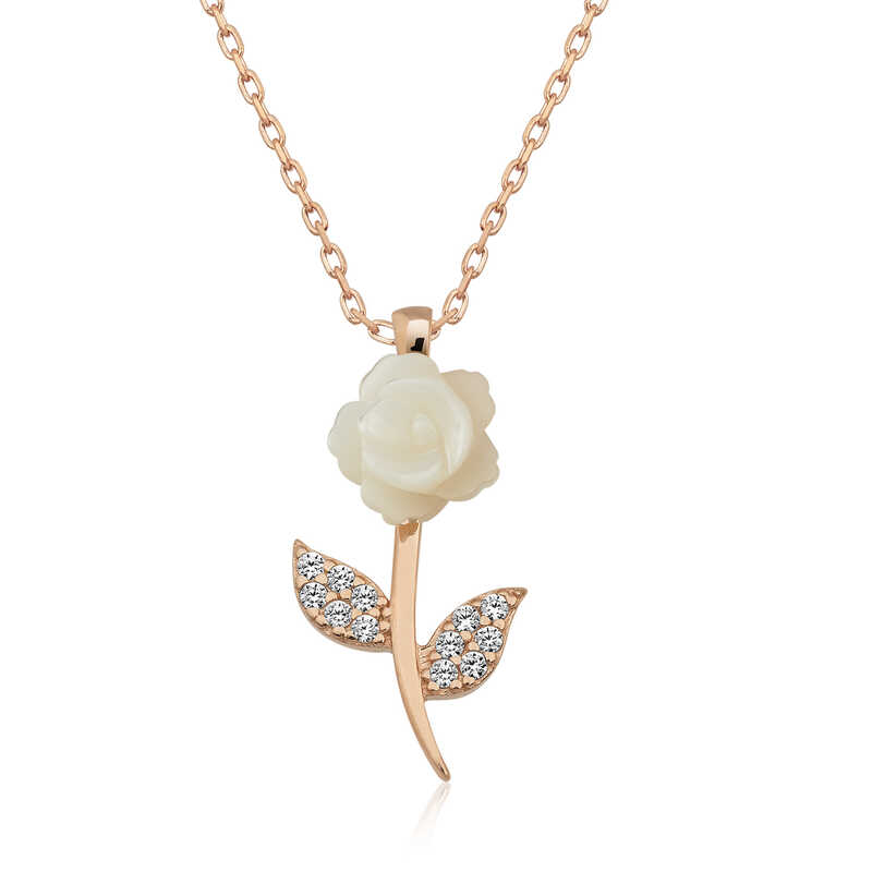 925 Ayar Gumus Rose Beyaz Gul Kadin Gumus Kolye