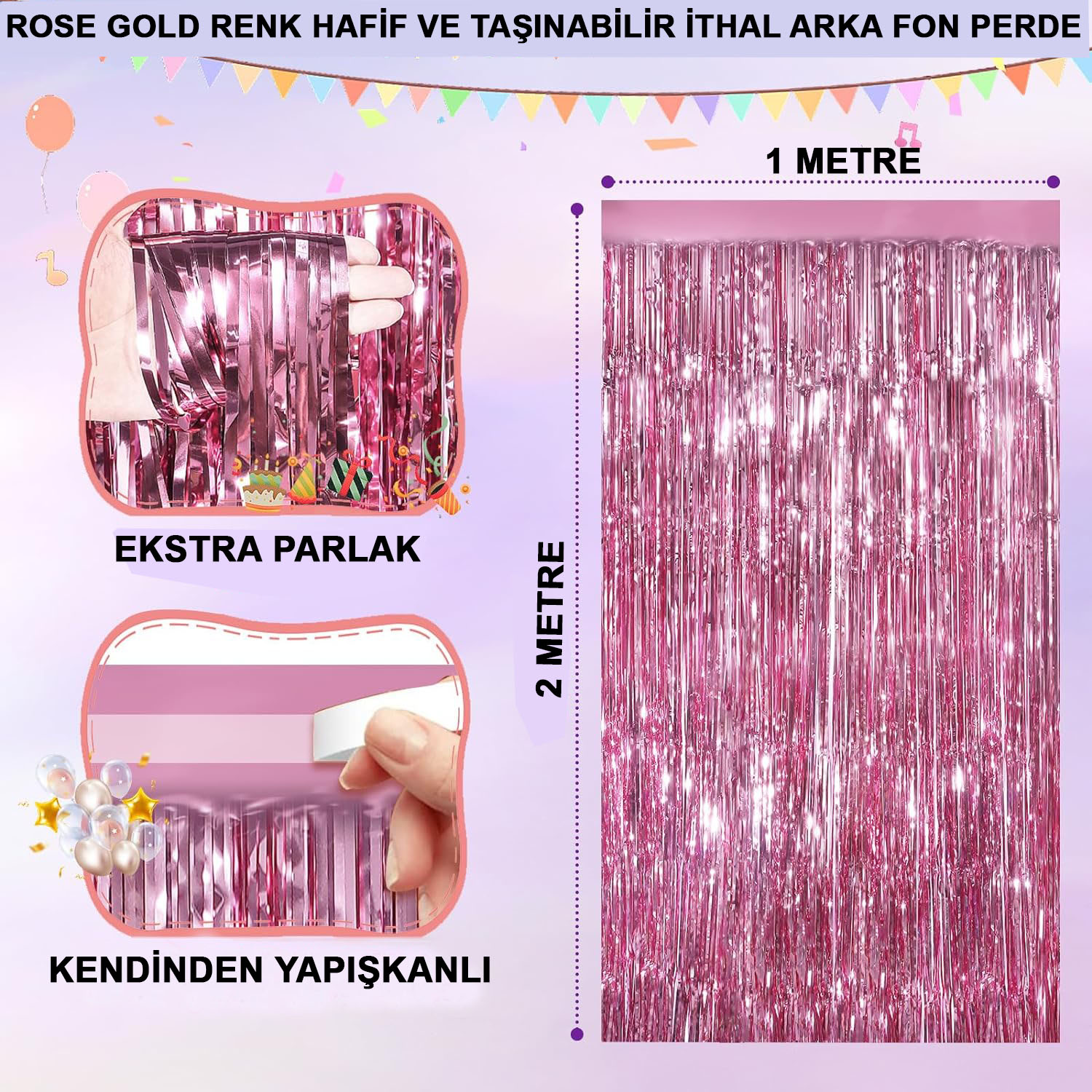 Rose Gold Renk Ekstra Metalize Parlak Sacakli Arka Fon Perde Ithal A Kalite 1x2 Metre