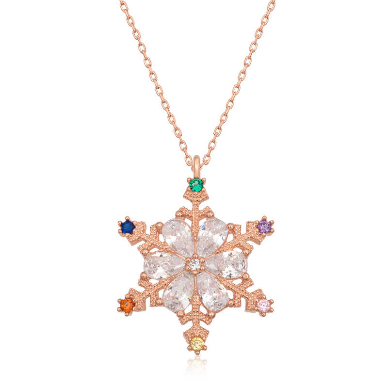 925 Ayar Gumus Rose Renkli Tasli Kar Tanesi Kadin Gumus Kolye