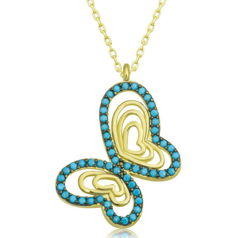 Gumus Gold Turkuaz Tasli Kelebek Kadin Kolye