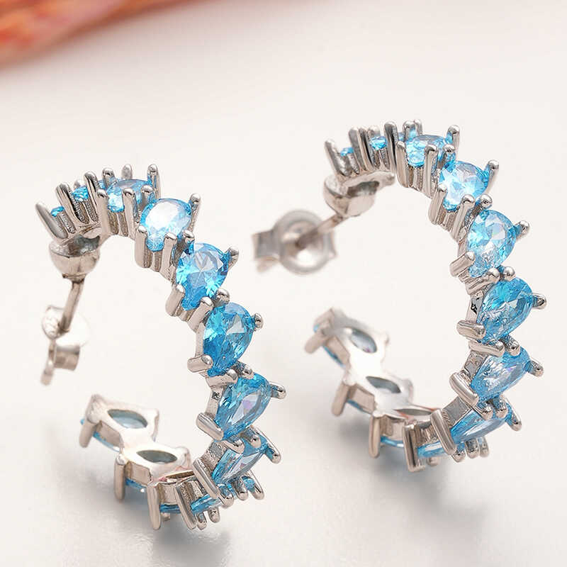 Gumus Akuamarin Tasli Damla Civili Kadin Kupe