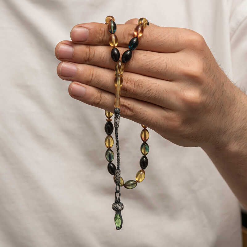 Gumus 1000 Ayar Kazaz Puskullu Sikma Kehribar Tesbih