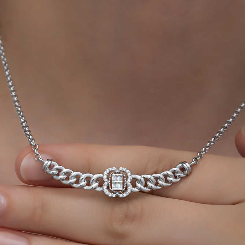 925 Ayar Gumus Gurmet Zincirli Baget Tasli Kadin Kolye