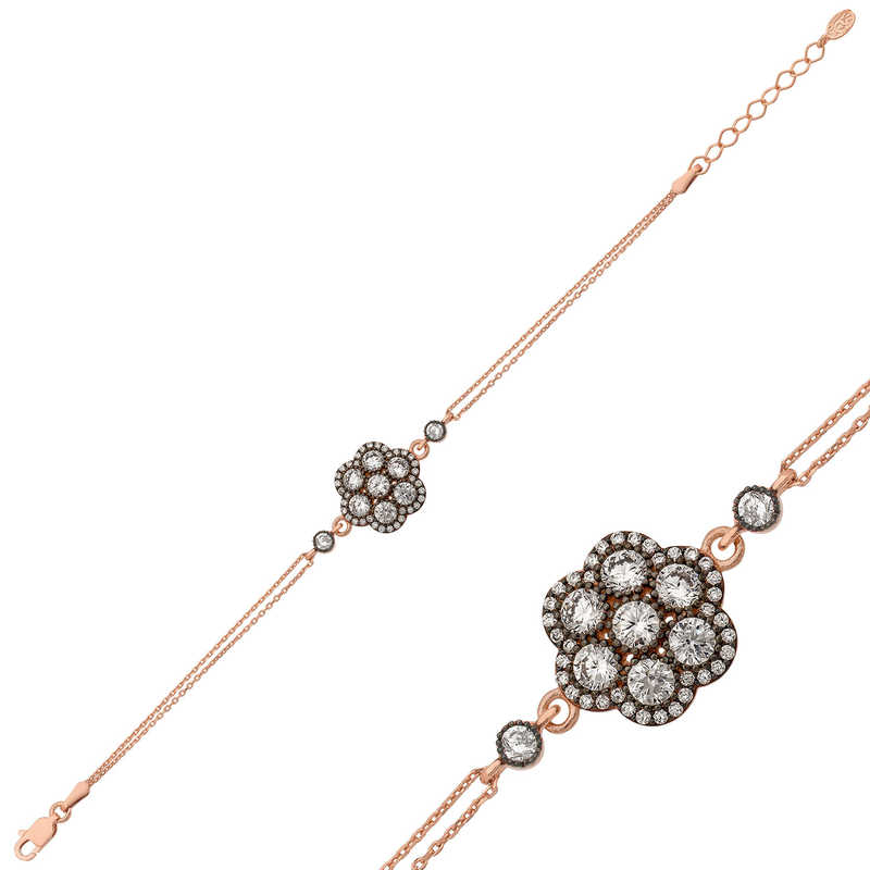 925 Ayar Gumus Rose Elmas Montur Cicek Bileklik