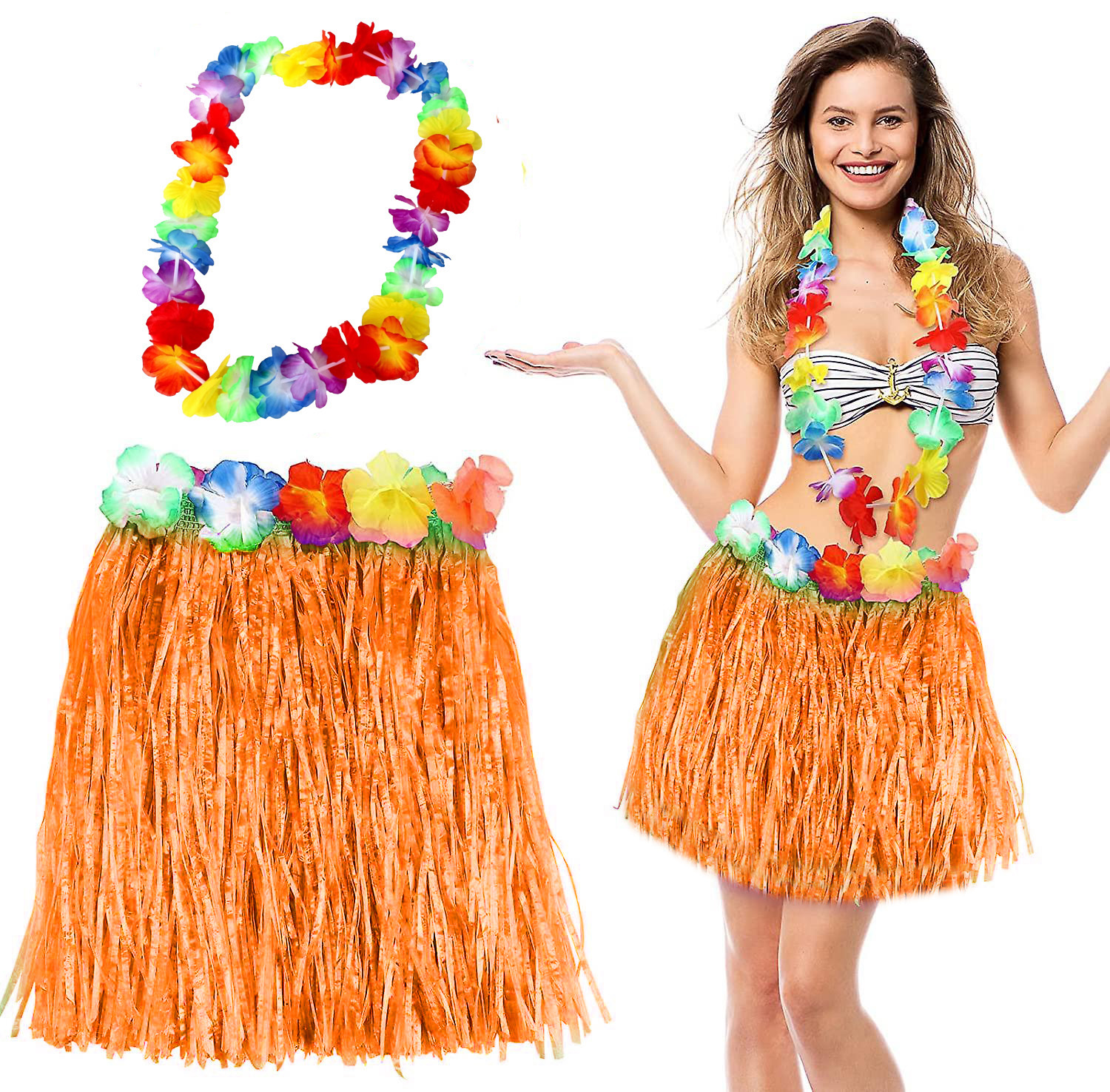 Hawaii Luau Aloha Turuncu Puskullu 40 cm Etek ve Hawaii Kolye Seti