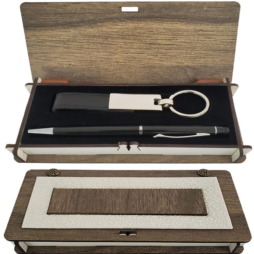 Ahsap Kutulu Siyah Anahtarlik ve Kalem Set