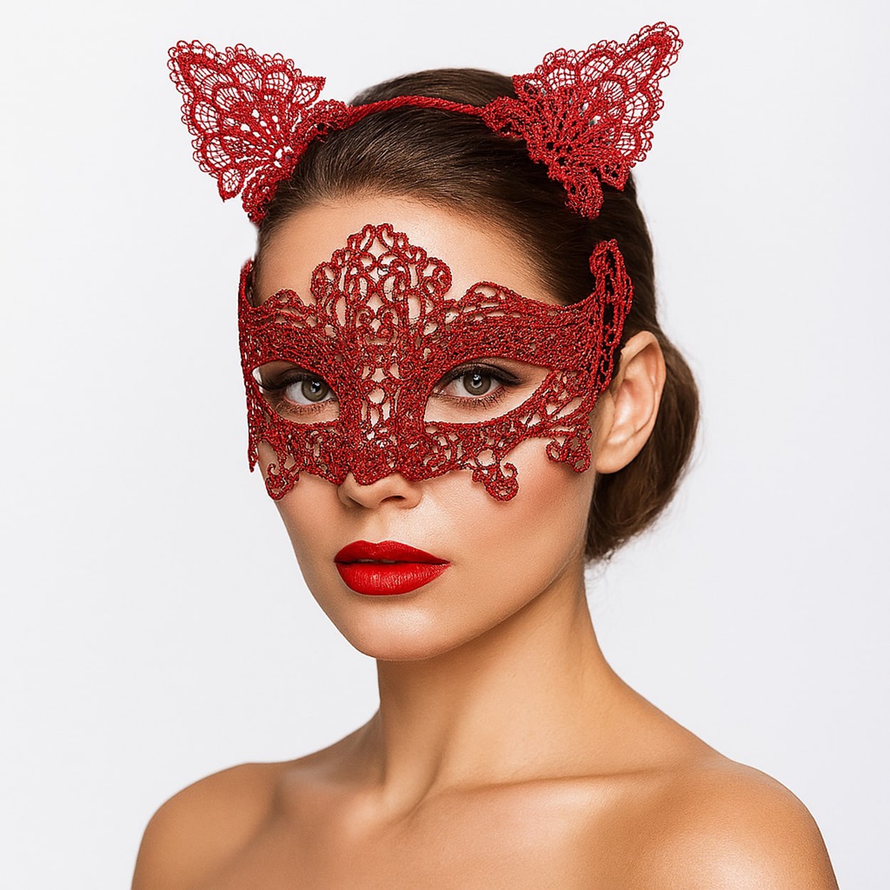 Romantik Kirmizi Dantel Maske Seti – Kedi Kulakli Tac ve Maske 3 No