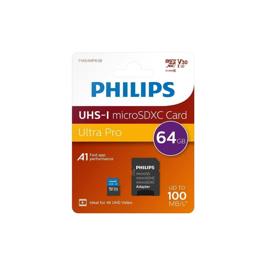 PHILIPS FM64MP65B, 64GB, SDXC, UHS-I, V30, Class10, MicroSD Kart Bellek (SD Adaptorlu)