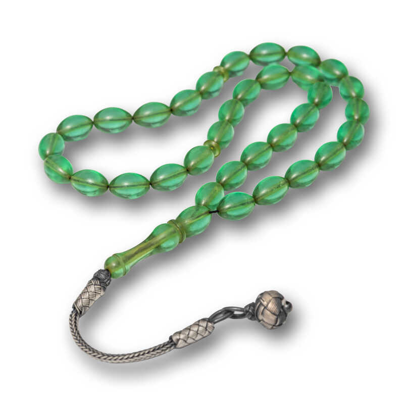 Gumus Top Kazaz Puskullu Yesil Sikma Kehribar Tesbih