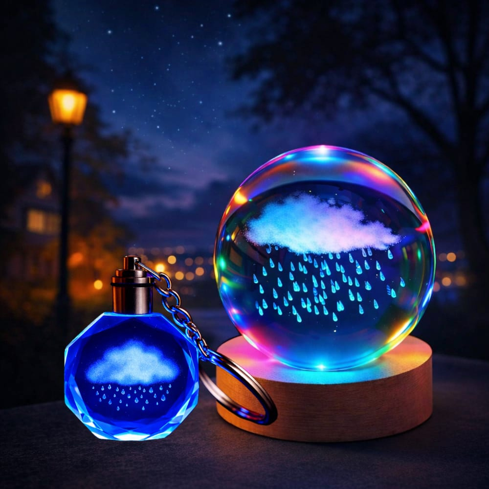 Renk Degistiren Yagmur Bulutu Tasarimli Cam Kure Anahtarlik