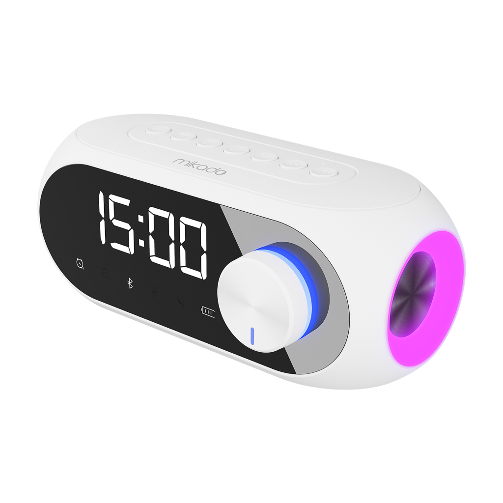 MIKADO MD-W7, Beyaz, 5W, FM Radyo, USB, AUX, Bluetooth, Kablosuz, Tasinabilir, 1200mAh Batarya, Alarmli Saat, Derece ve Speaker