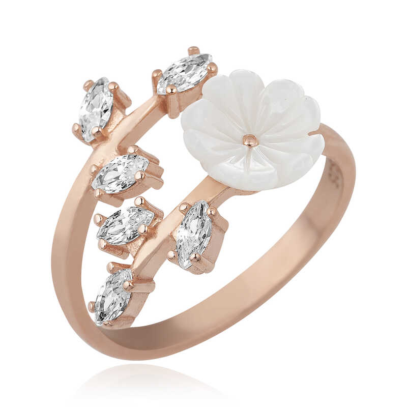 ​925 Ayar Gumus Rose Beyaz Bahar Cicegi Yuzuk