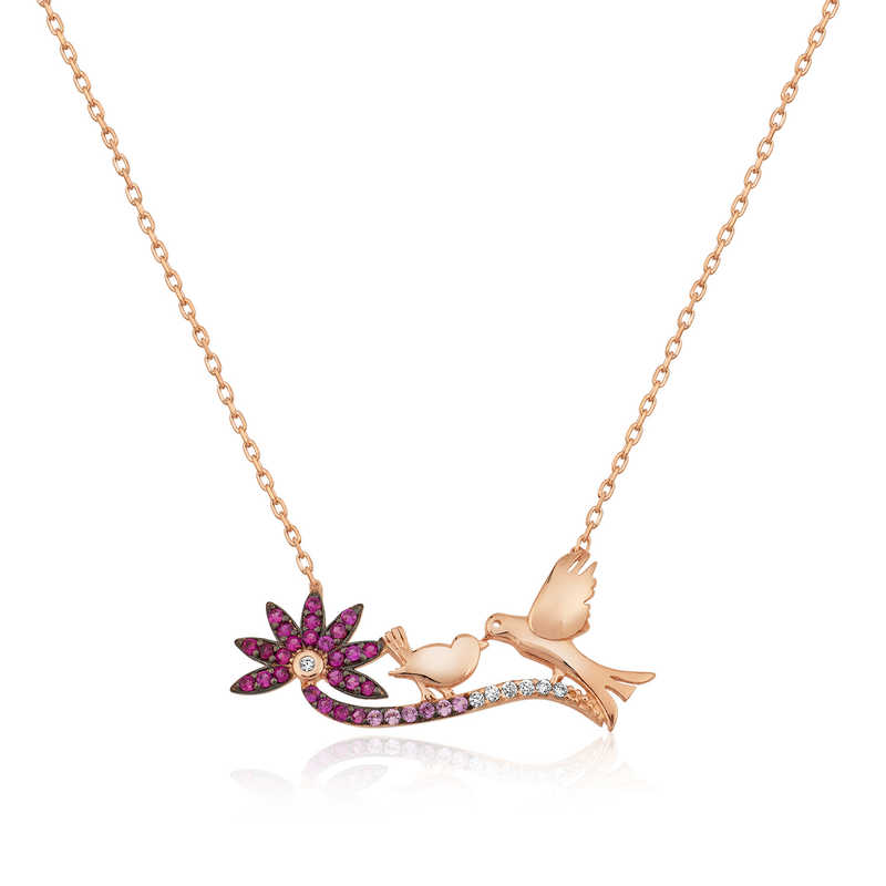 925 Ayar ​Gumus Rose Anne Ve Yavru Kus Kadin Gumus Kolye