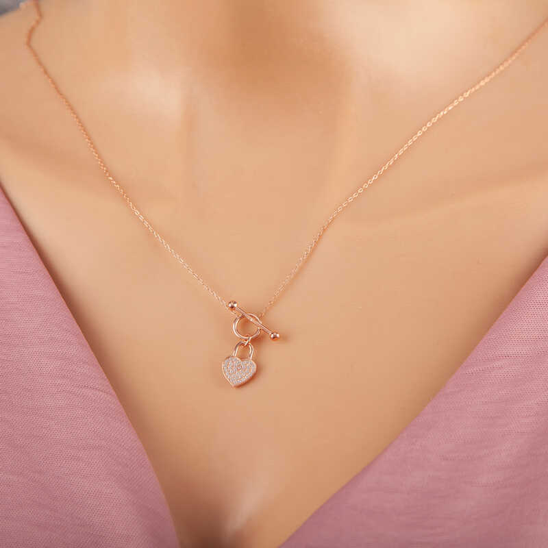 925 Ayar Gumus Rose Sallantili Kalp Kadin Kolye
