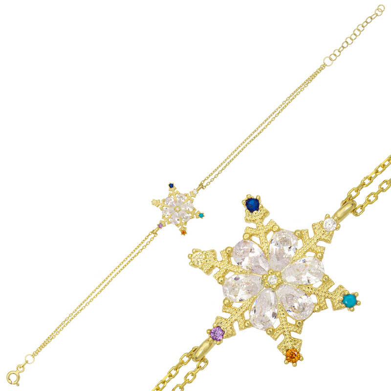 925 Ayar Gumus Gold Renkli Tasli Kar Tanesi Kadin Bileklik