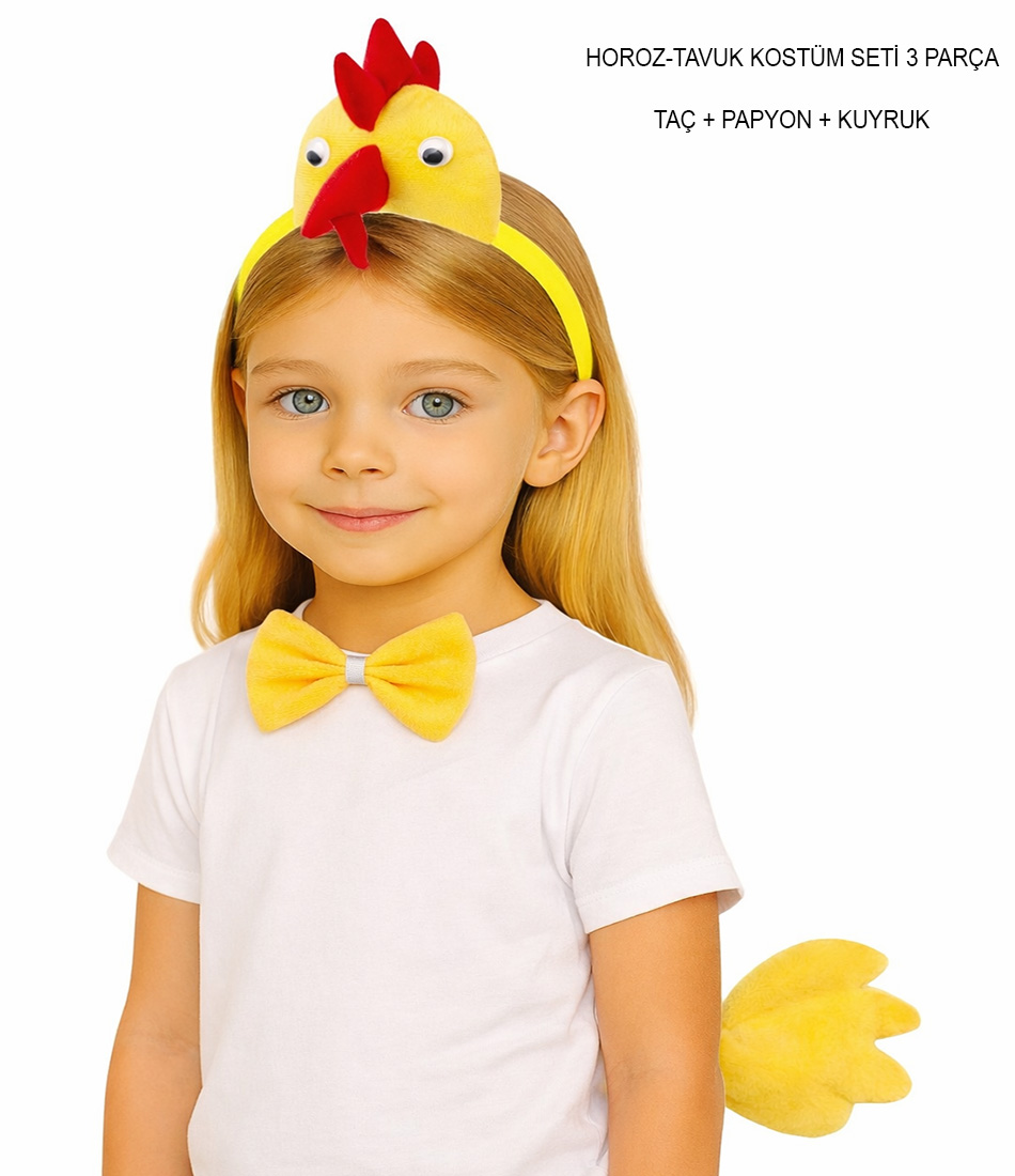Horoz – Tavuk Kostum Aksesuar Seti - Tac Papyon Kuyruk