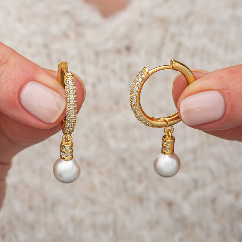 Gumus Zirkon Tasli Gold Halka Inci Kupe