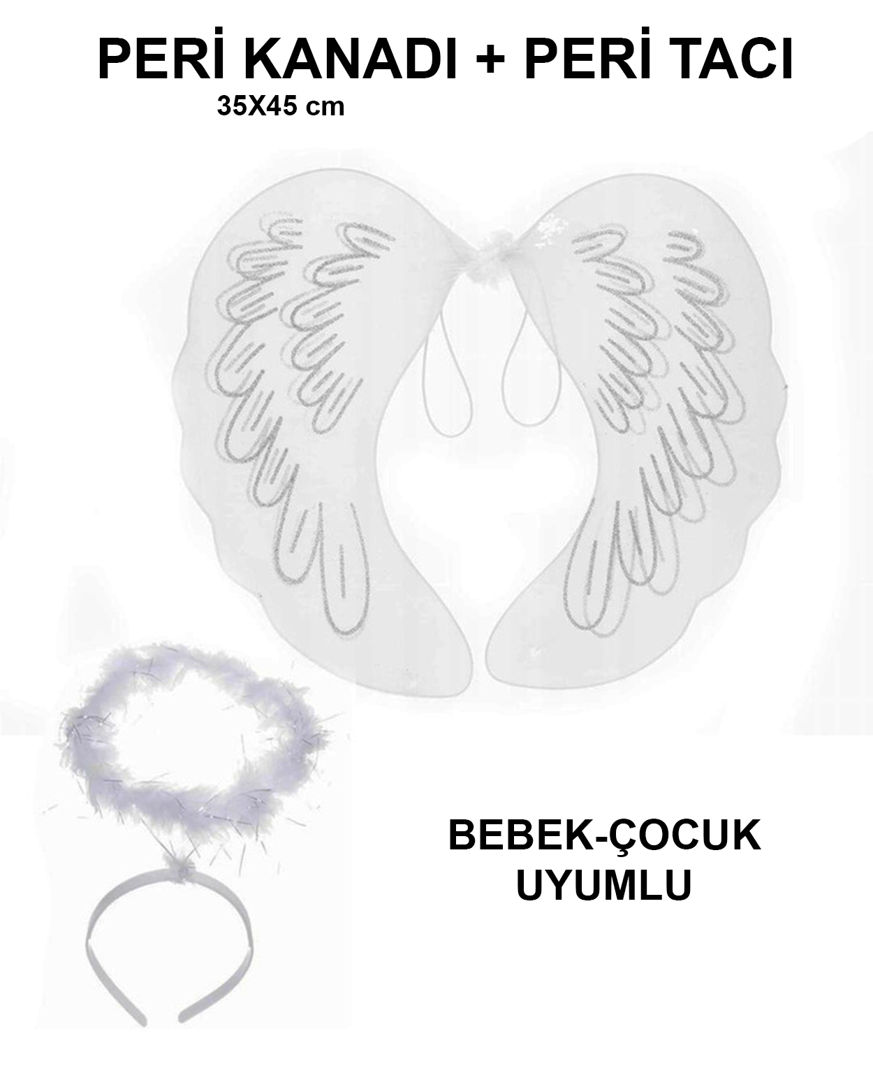 Beyaz Dantel Tullu Peri Kanadi ve Peri Taci Seti 45x40 cm