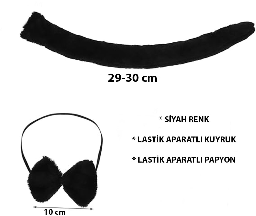 Pelus Siyah Renk Kuyruk ve Papyon Yetiskin Cocuk Uyumlu