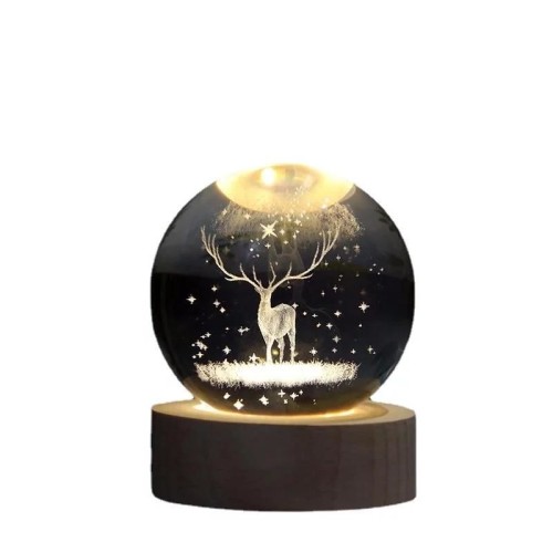 Dekoratif Geyik Tasarimli Ahsap altlikli Isikli Cam Kure Buyuk Boy Cam:8cm Ahsap:2cm