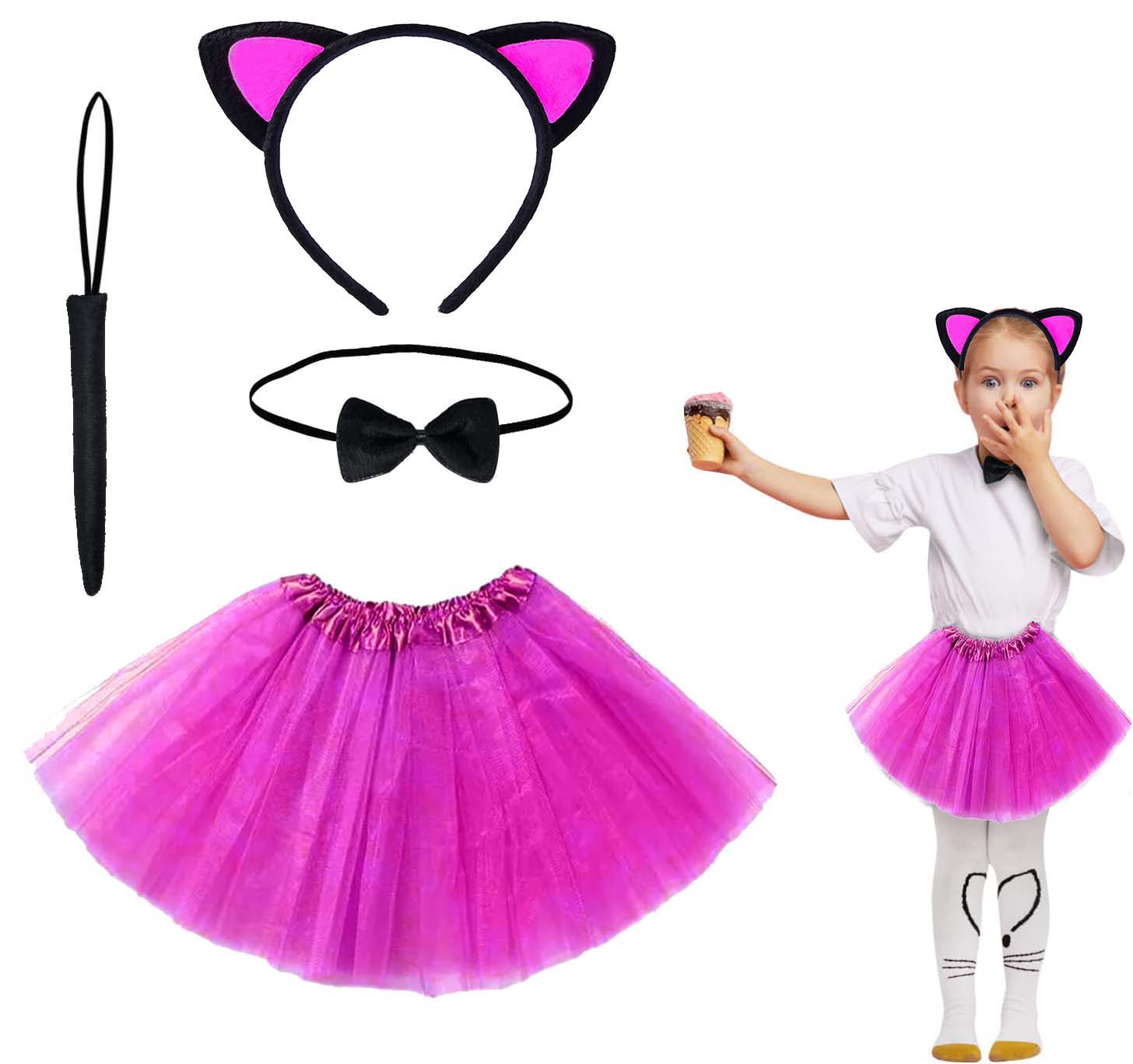 Fusya Renk Etekli Kedi Kostum Seti (Tutu, Tac, Papyon, Kuyruk)