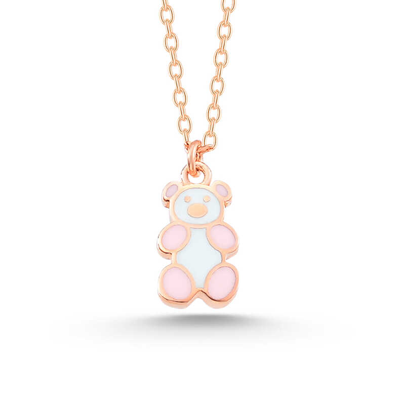 925 Ayar Gumus Rose Renkli Ayicik Kadin Kolye