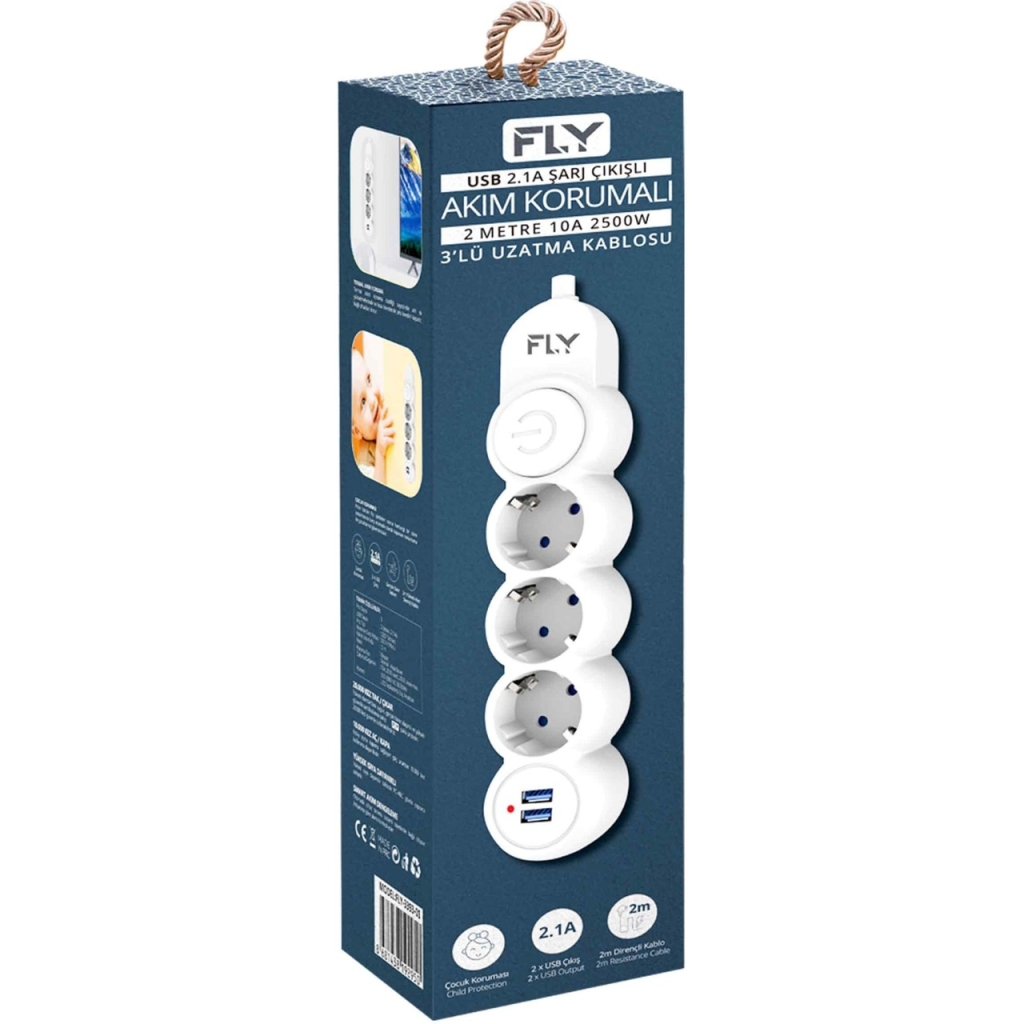 FLY 3393-01, 3 Soket, 2 USB, Akim Korumali Priz, 2.1A, Anahtarli, 2Mt Kablo, (Beyaz)