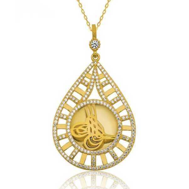 925 Ayar Gumus Damla Tugrali Altin Kaplama Kadin Gumus Kolye