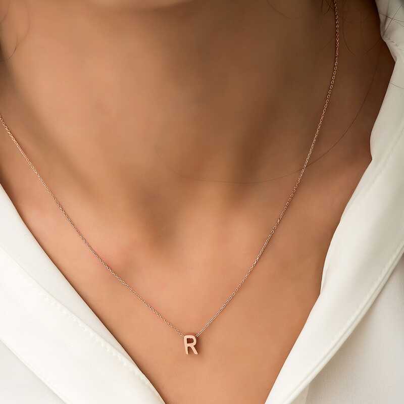 925 Ayar Gumus Rose 3 Boyutlu R Harf Kadin Gumus Kolye