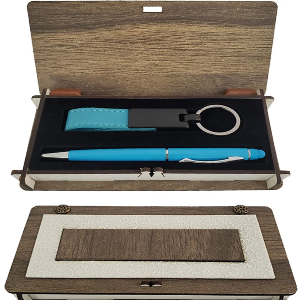 Mavi Kalem ve Anahtarlik Ahsap Kutulu Set