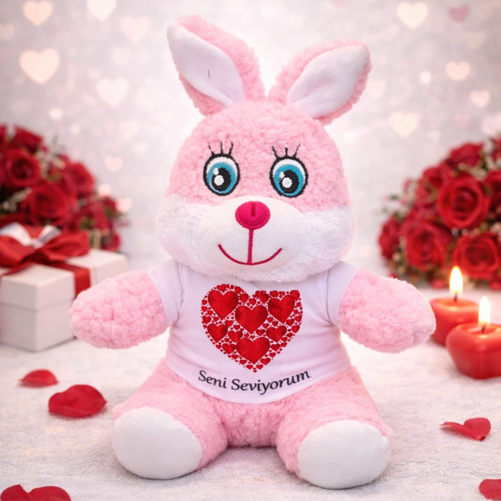 Pembe Renk Seni Seviyorum Tisortlu Pelus Tavsan