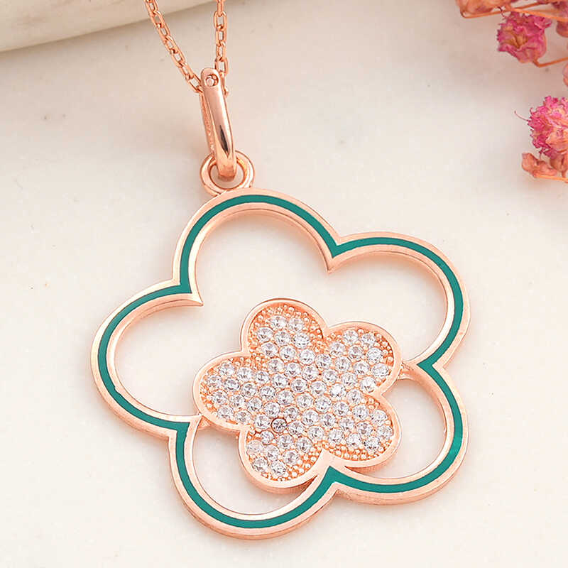 925 Ayar ​Gumus Rose Cicek Desenli Kadin Kolye