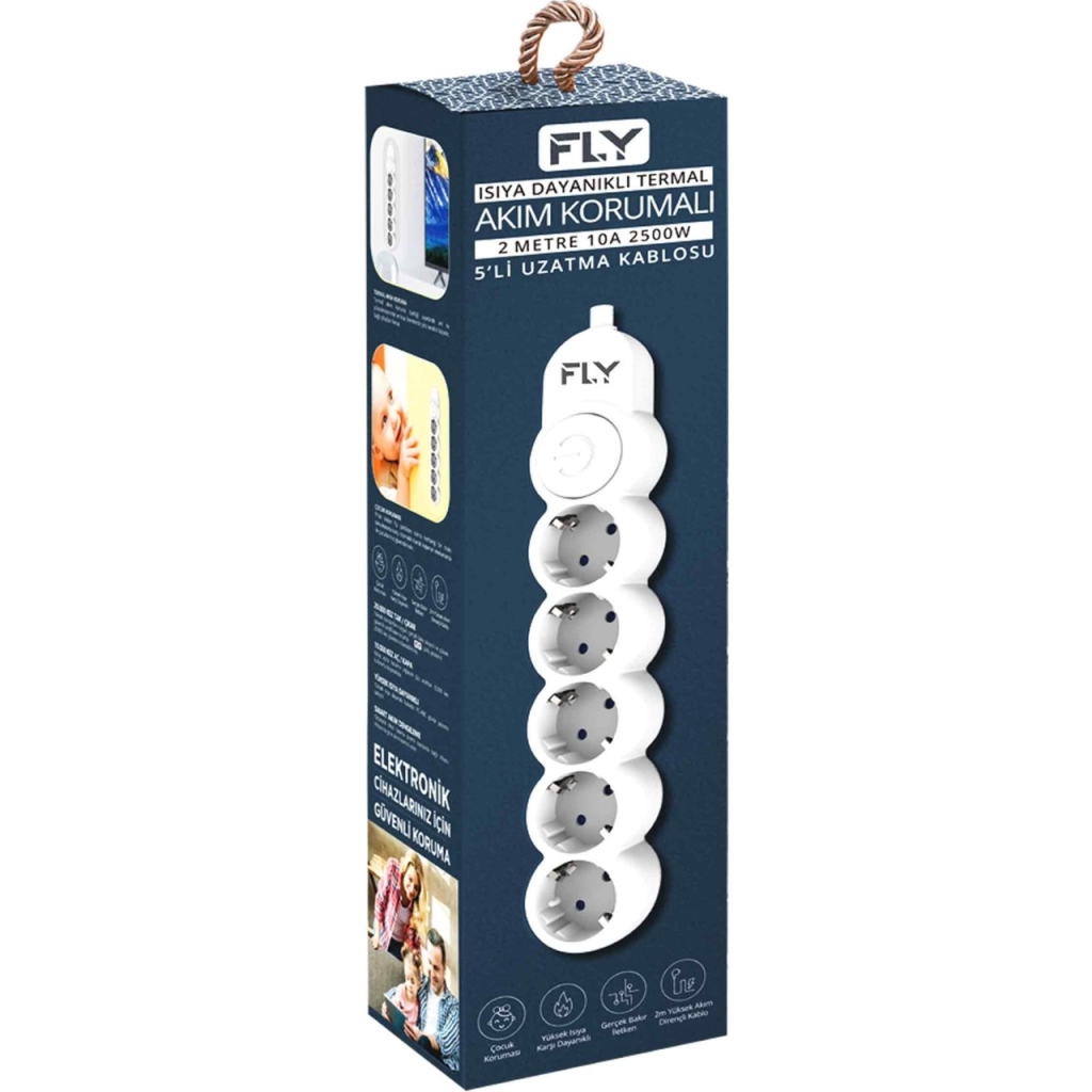 FLY 3394-01, 5 Soket, Akim Korumali Priz, 2.1A, Anahtarli, 2Mt Kablo, (Beyaz)