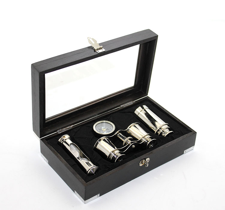 Ahsap Kutulu Pirinc Durbun Pusula Ve Kumsaati Seti