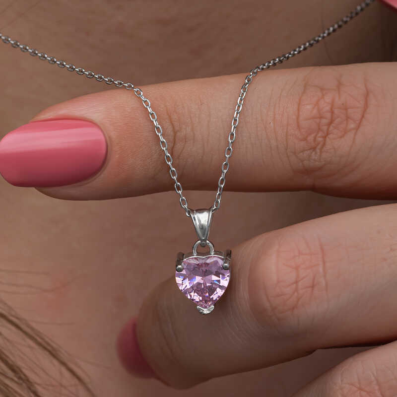 Gumus Pembe Tasli Kalpli Kadin Kolye