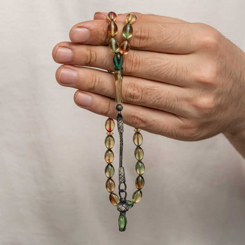 Gumus 1000 Ayar Kazaz Puskullu Sikma Kehribar Tesbih