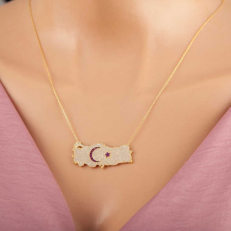 925 Ayar Gumus Gold Ay Yildiz Turkiye Haritasi Kadin Kolye