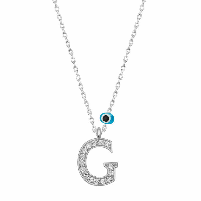 925 Ayar Gumus Nazar Rodyum G Harfi Kadin Gumus Kolye
