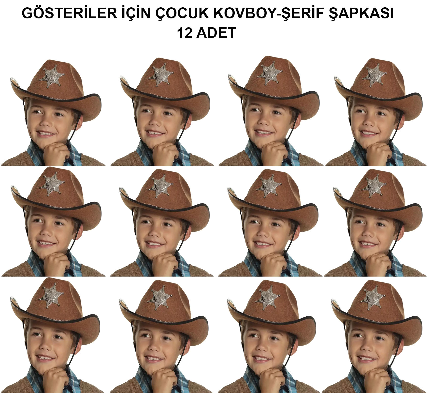 Kovboy Serif Sapkasi Kahve 12 Adet - Kostum, Parti ve Gosteri Sapkasi