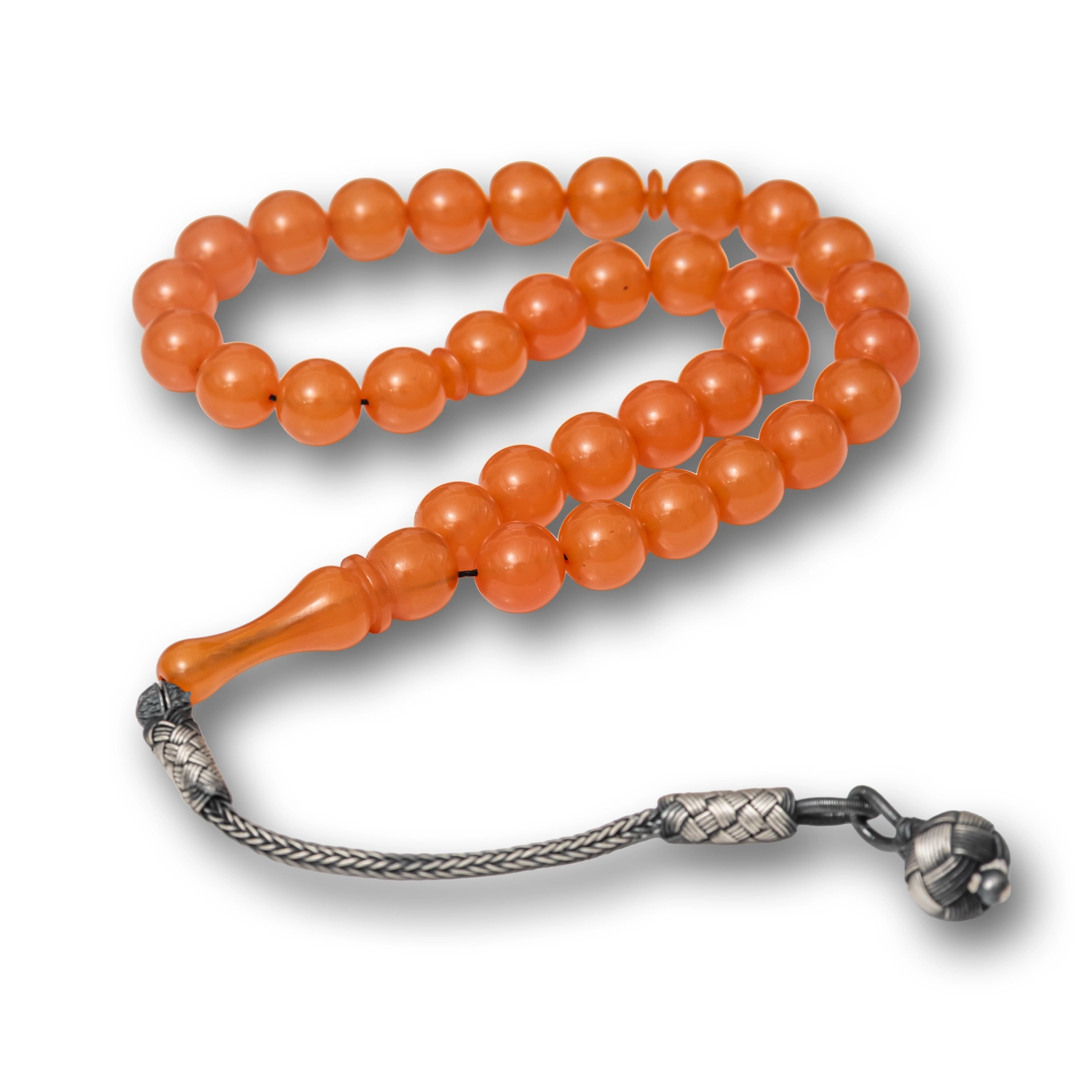 Gumus Top Kazaz Puskullu Turuncu Sikma Kehribar Tesbih